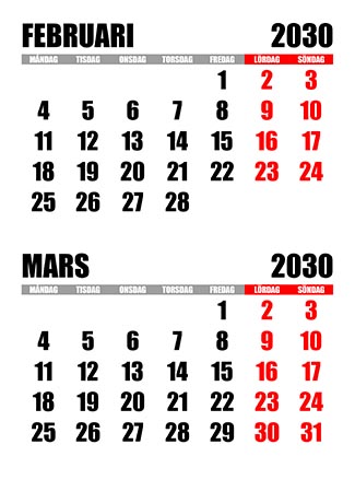 kalender-februari-mars-2030
